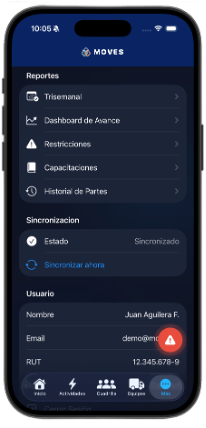 Menú & Sync — Reportes, estado de sincronización y datos del usuario